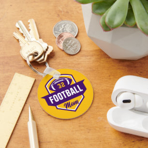 Purple and Gold Football Mom Jersey Number Photo Keychain