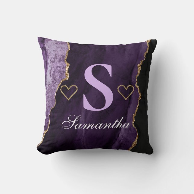 Purple and Gold Gliter Agate Design Throw Pillow (Front)