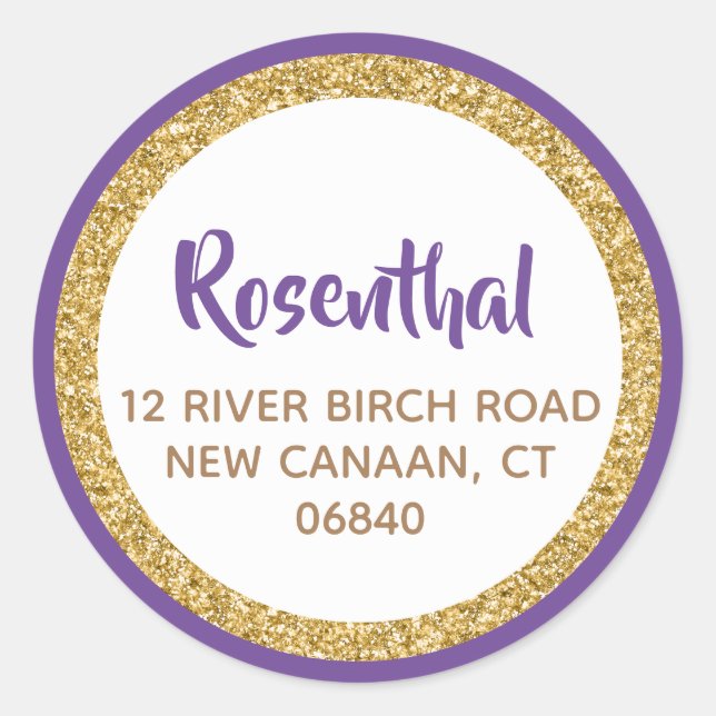 Purple and Gold Glitter Address Classic Round Sticker (Front)