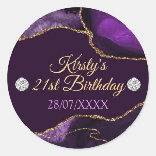 Purple and Gold Glitter Agate Birthday Classic Round Sticker