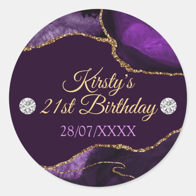 Purple and Gold Glitter Agate Birthday Classic Round Sticker (Front)