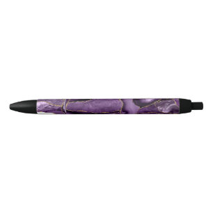 Purple and gold glitter agate black ink pen