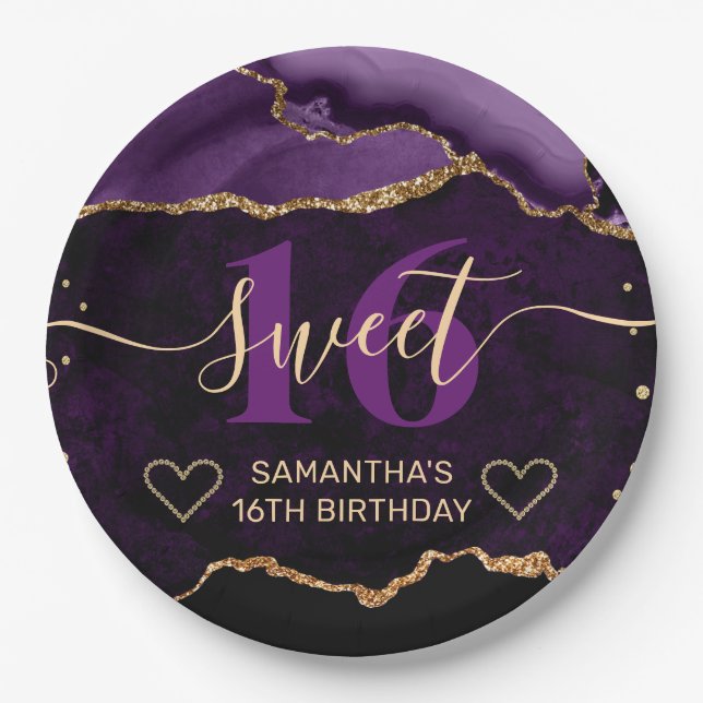Purple and Gold Glitter Agate Marble Sweet 16  Paper Plate (Front)