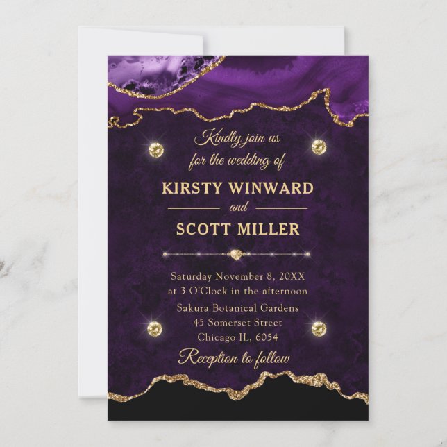 Purple and Gold Glitter Agate Marble Wedding Invitation (Front)