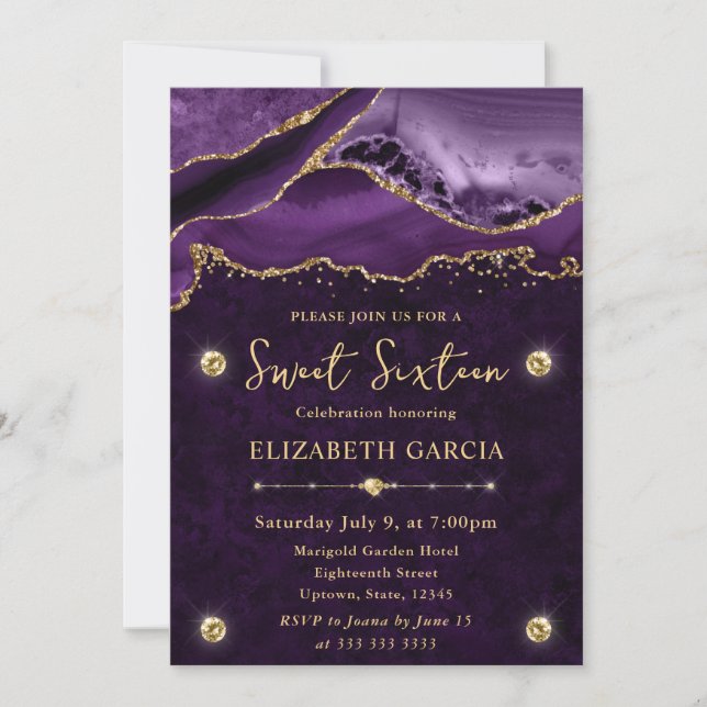 Purple and Gold Glitter Agate Sweet 16 Invitation (Front)