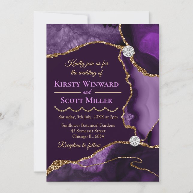 Purple and Gold Glitter Agate Wedding Invitation (Front)