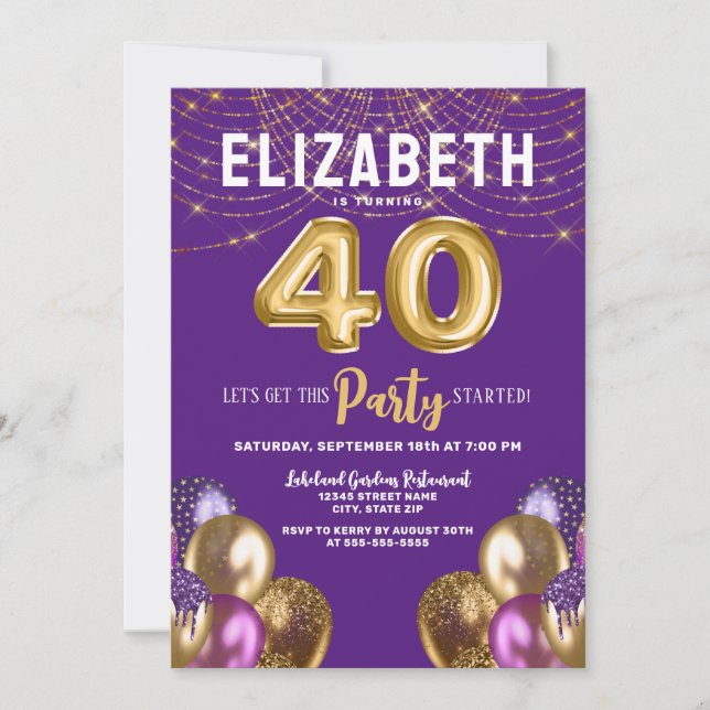 Purple and Gold Glitter Balloons 40th Birthday Invitation (Front)