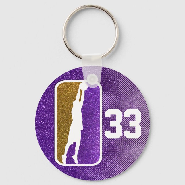 Purple and Gold Glitter Basketball Sports Design Keychain (Front)