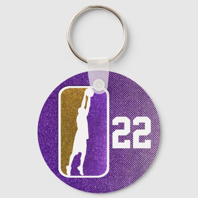Purple and Gold Glitter Basketball Sports Design Keychain (Front)