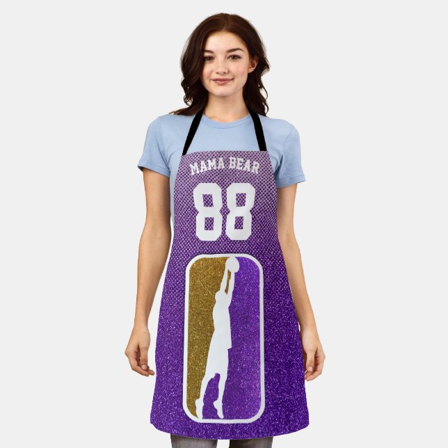 Purple and Gold Glitter Basketball Team Jersey Apron (Worn)