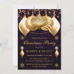 Purple and Gold Glitter Baubles Christmas Party Invitation