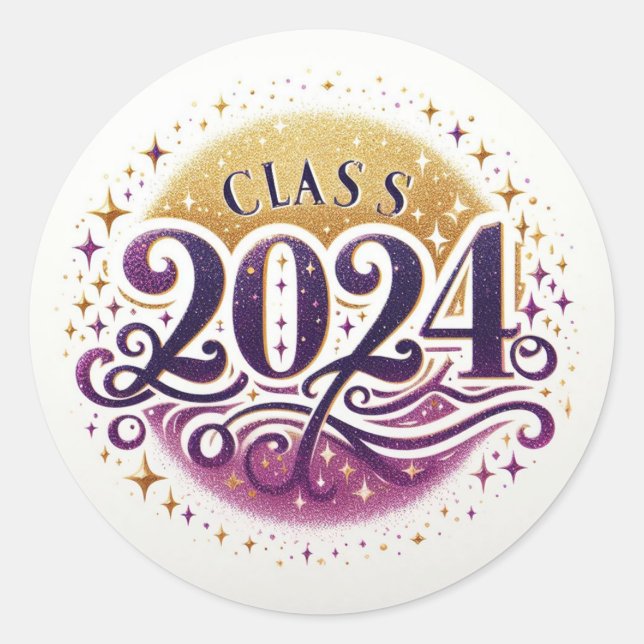 Purple and Gold Glitter Class of 2024 Classic Round Sticker (Front)
