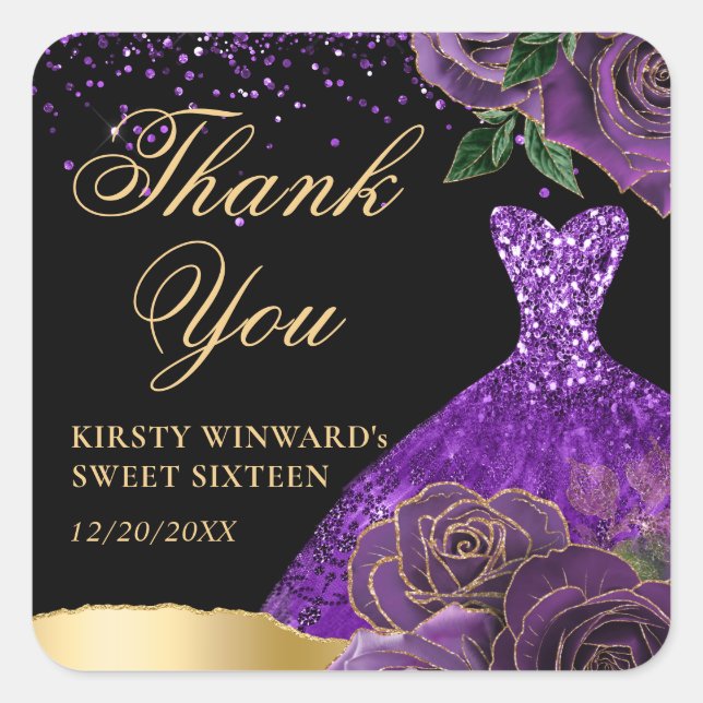 Purple and Gold Glitter Dress Glam Roses Sweet 16 Square Sticker (Front)