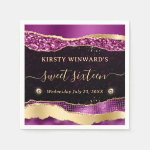 Purple and Gold Glitter Glam Tears Bokeh Sweet 16 Napkin