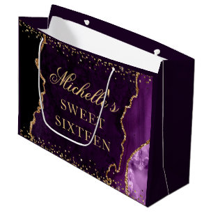 Purple and Gold Glitter Marble Agate Sweet 16 Large Gift Bag