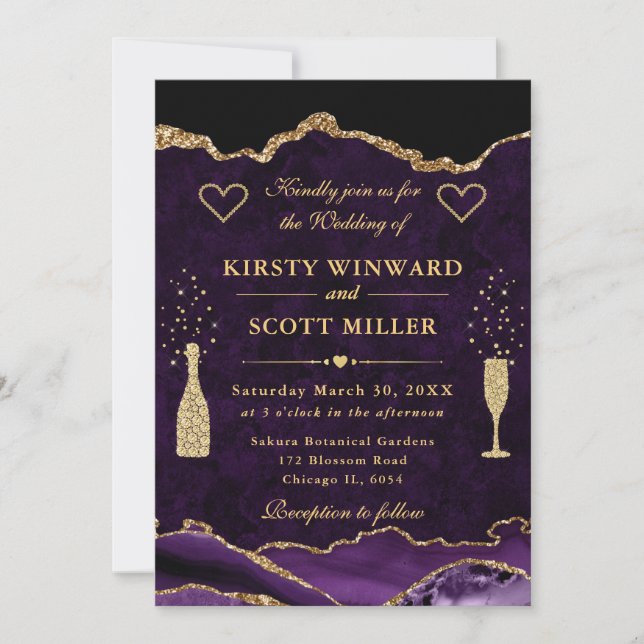 Purple and Gold Glitter Marble Agate Wedding Invitation (Front)