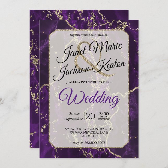 Purple and Gold Glitter Marble Wedding Invitation (Front/Back)