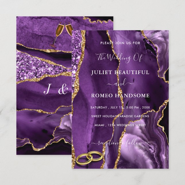 Purple and Gold Glitter Marble Wedding Invitation (Front/Back)