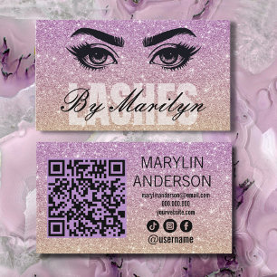 Purple and Gold Glitter Ombre Lash Tech QR Code  Business Card