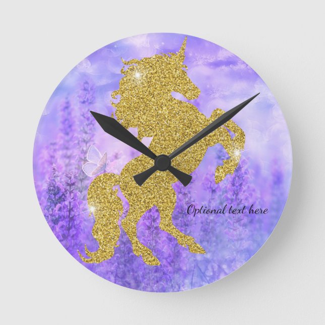 Purple and Gold Glitter Unicorn Wall Clock (Front)