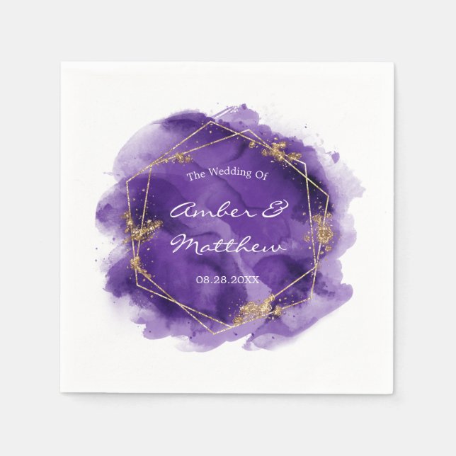 Purple and Gold Glitter Watercolor Wedding Napkin (Front)