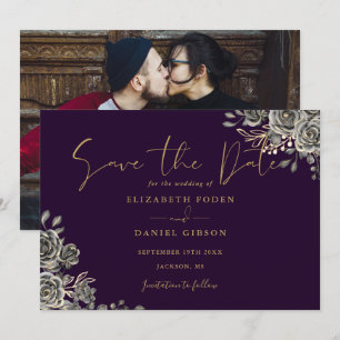Purple And Gold Gothic Floral Photo Wedding Save The Date