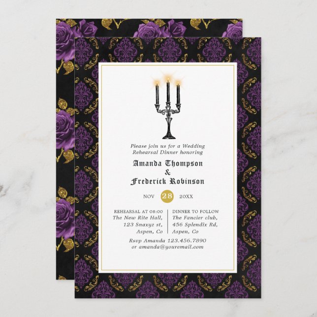 Purple and Gold Gothic Wedding Rehearsal Dinner Invitation (Front/Back)