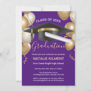 Purple and Gold Graduate Cap Graduation Party Invitation