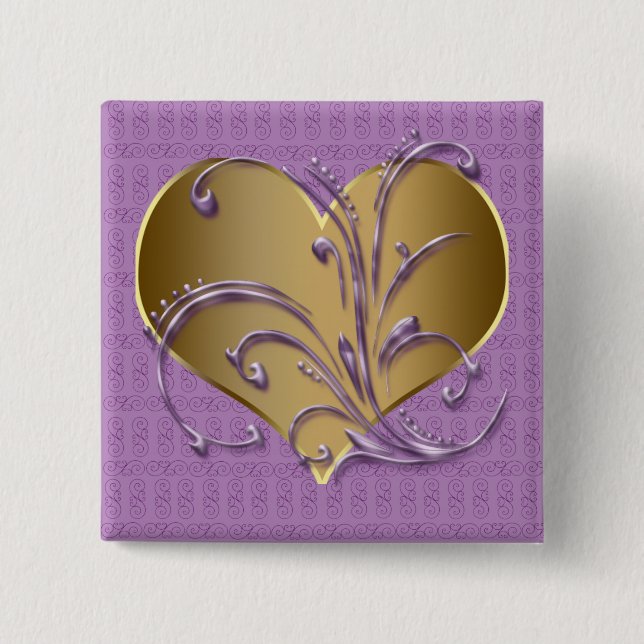 Purple And Gold Heart 2 Inch Square Button (Front)