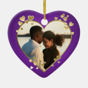 Purple and Gold Hearts Frame Ceramic Ornament