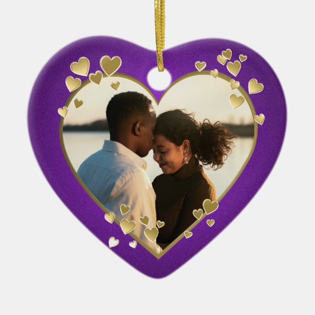 Purple and Gold Hearts Frame Ceramic Ornament (Front)