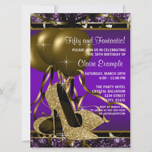 Purple and Gold High Heels Birthday Party Invitation (Front)
