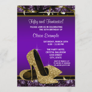 Purple and Gold High Heels Womans Birthday Party Invitation