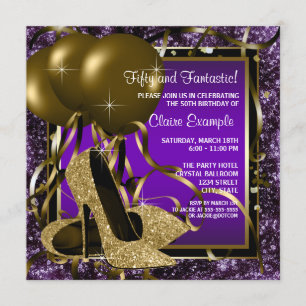 Purple and Gold High Heels Womans Birthday Party Invitation