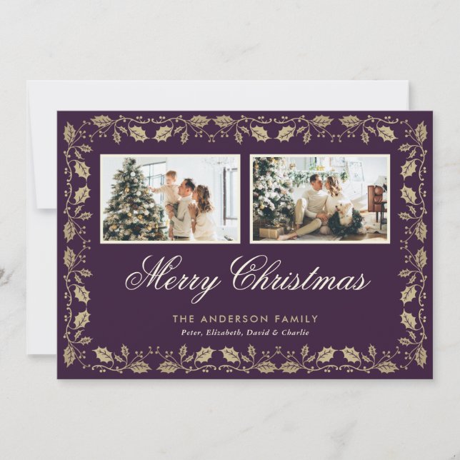 Purple and Gold Holly 2 Photo Christmas Card (Front)