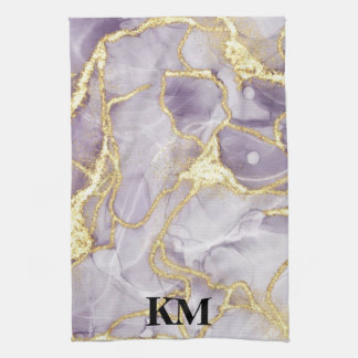 Purple and Gold Ink Marble Monogrammed Kitchen Towel