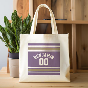 Purple and Gold Jersey Stripes Custom Name Number Tote Bag