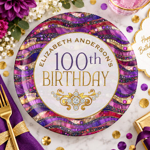 Purple and Gold Jewelled Strata 100th Birthday Paper Plate