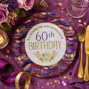 Purple and Gold Jewelled Strata 60th Birthday Paper Plate