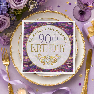 Purple and Gold Jewelled Strata 90th Birthday Napkin