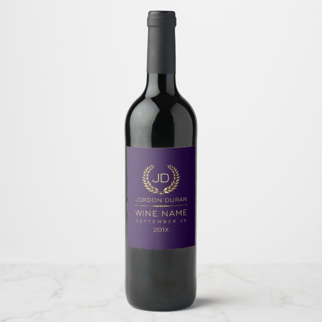 Purple and Gold Laurel Wreath Happy Birthday  Wine Label (Front)