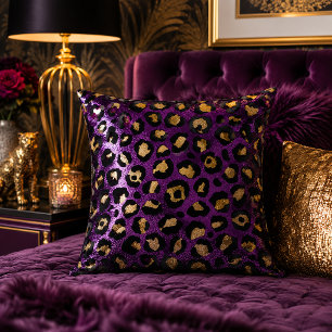 Purple and Gold Leopard Print Animal Pattern Throw Pillow