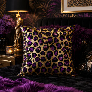 Purple and Gold Leopard Print Animal Pattern Throw Pillow
