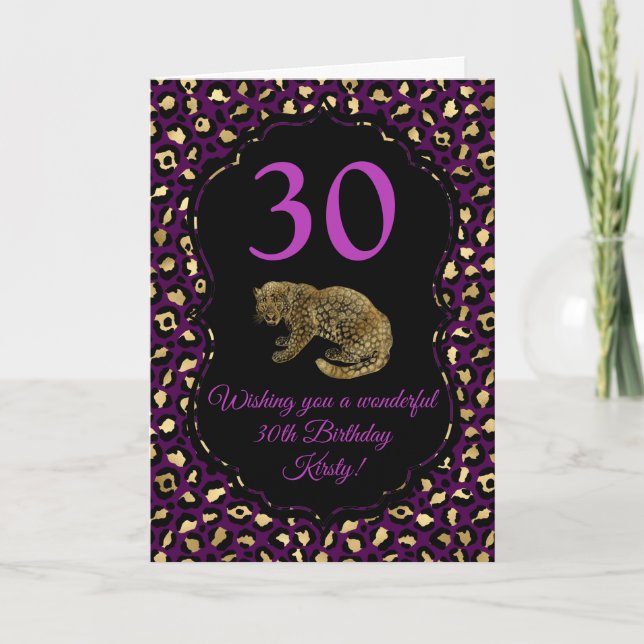 Purple and Gold Leopard Print Birthday Party Card (Front)