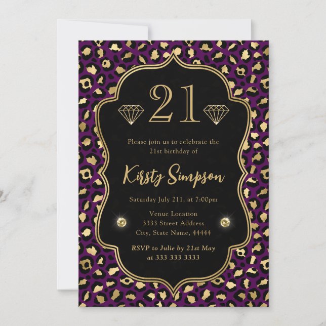 Purple and Gold Leopard Spots 21st Birthday Invitation (Front)