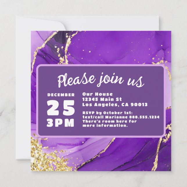 Purple and Gold Luxury Marble Fancy Wedding Save The Date (Back)