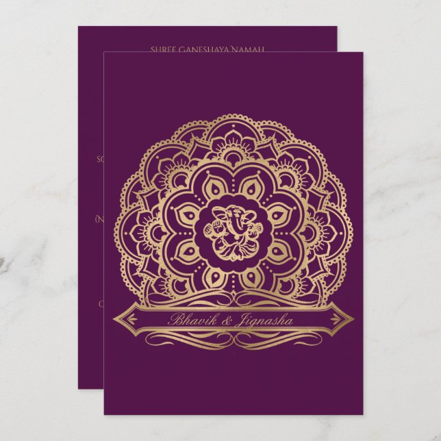 Purple and Gold Mandala Indian Wedding Invitation (Front/Back)