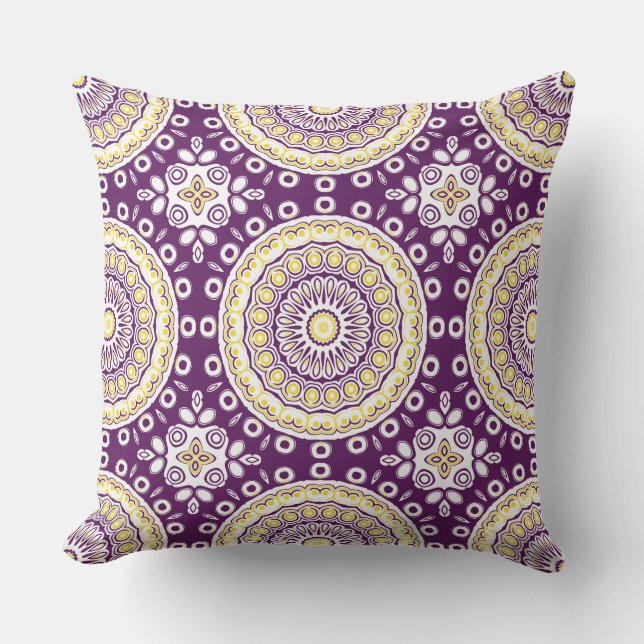 Purple and Gold Mandala Pattern Throw Pillow (Front)