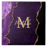 Purple and Gold Marble Agate Tile<br><div class="desc">This tile features an elegant and glamourous agate marble background with geode gemstone detailing and faux gold glitter accents. The monogram combines handwritten script and modern sans serif fonts for a classy and sophisticated look. This will make the ideal gift as it can be customized with a name and initial....</div>
