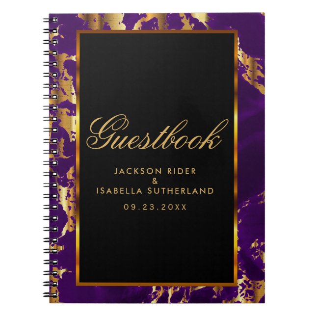 Purple and Gold Marble and Black - Guestbook Notebook (Front)